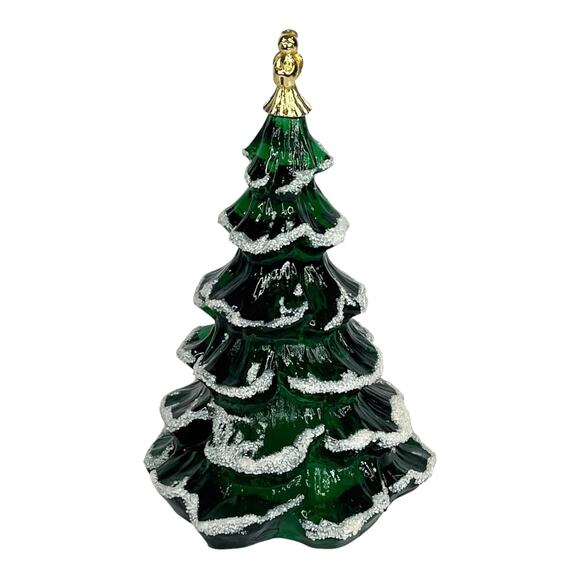 Fenton Glass CHRISTMAS TREE FIGURINE 6.5" LG Green Snow Frosted Gold Angel - Picture 1 of 8